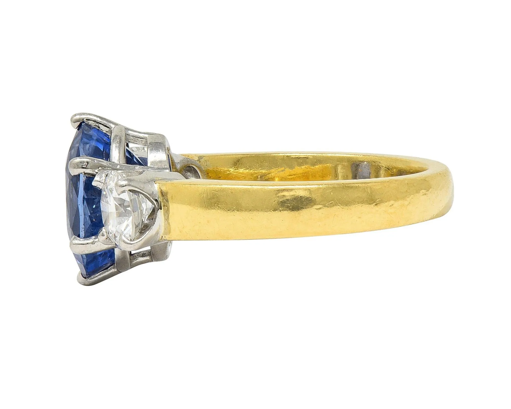 Vintage 3.86 CTW No Heat Ceylon Sapphire Diamond Platinum 18 Karat Gold Three Stone Ring GIA