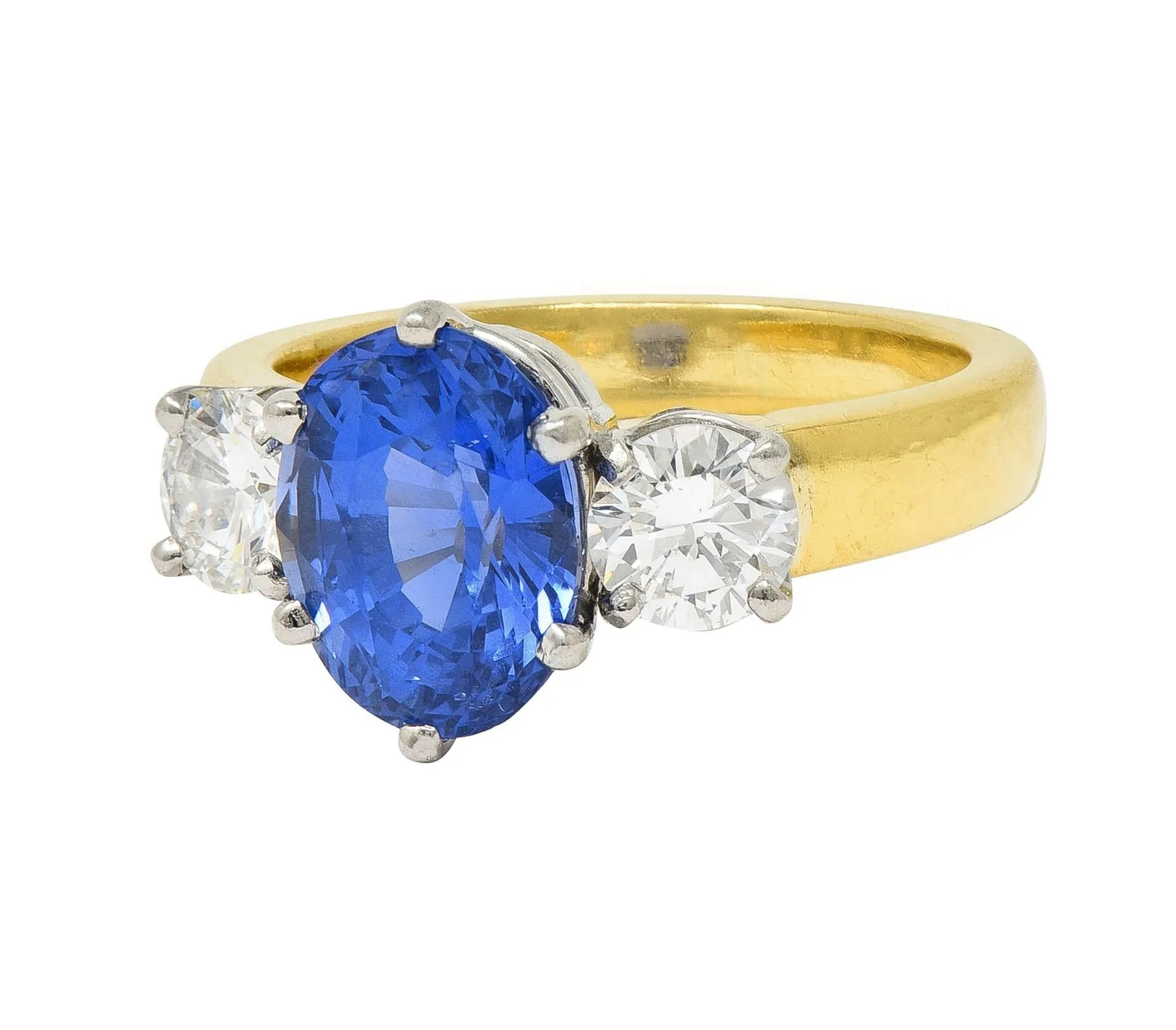 Vintage 3.86 CTW No Heat Ceylon Sapphire Diamond Platinum 18 Karat Gold Three Stone Ring GIA