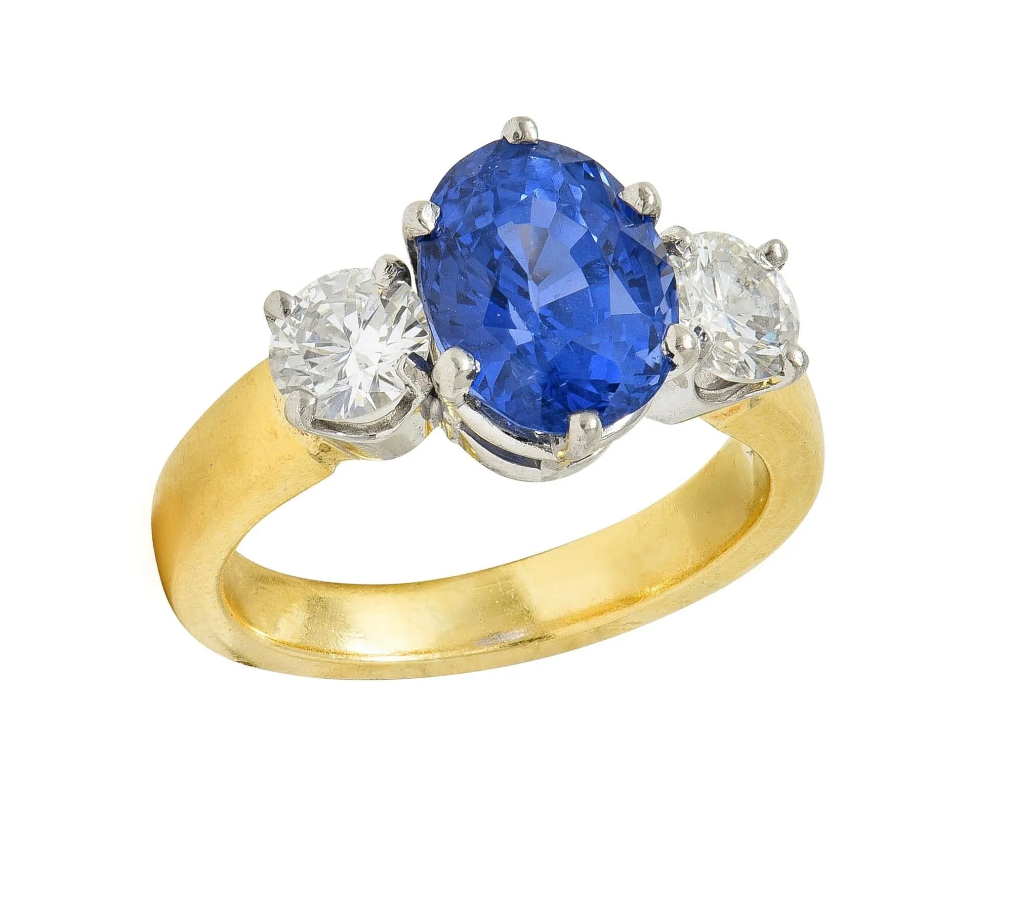 Vintage 3.86 CTW No Heat Ceylon Sapphire Diamond Platinum 18 Karat Gold Three Stone Ring GIA