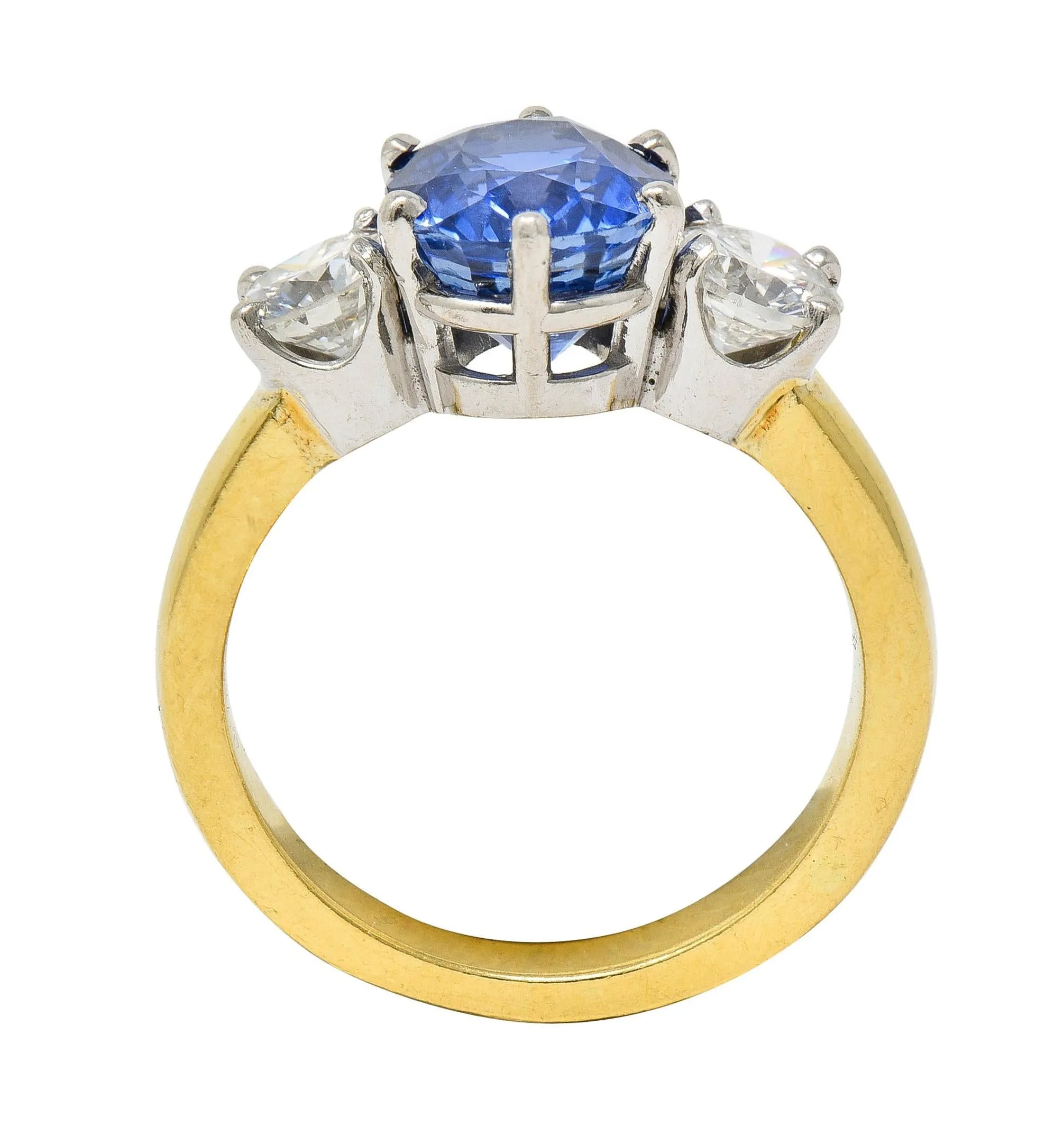 Vintage 3.86 CTW No Heat Ceylon Sapphire Diamond Platinum 18 Karat Gold Three Stone Ring GIA