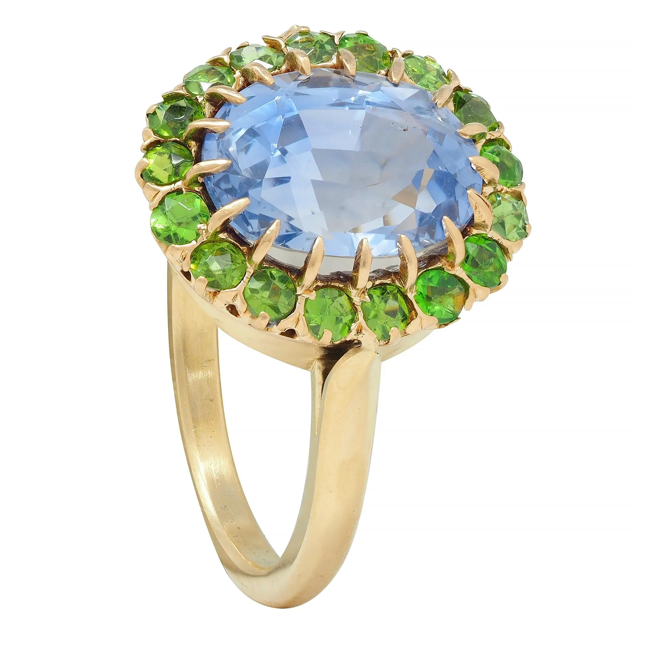 Vintage 5.63 CTW No Heat Ceylon Sapphire Demantoid Garnet 18 Karat Yellow Gold Halo Ring GIA