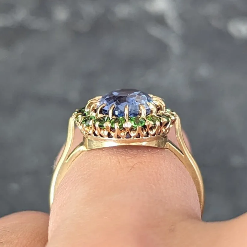 Vintage 5.63 CTW No Heat Ceylon Sapphire Demantoid Garnet 18 Karat Yellow Gold Halo Ring GIA