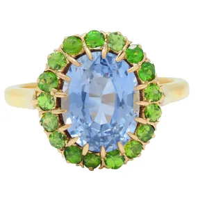 Vintage 5.63 CTW No Heat Ceylon Sapphire Demantoid Garnet 18 Karat Yellow Gold Halo Ring GIA