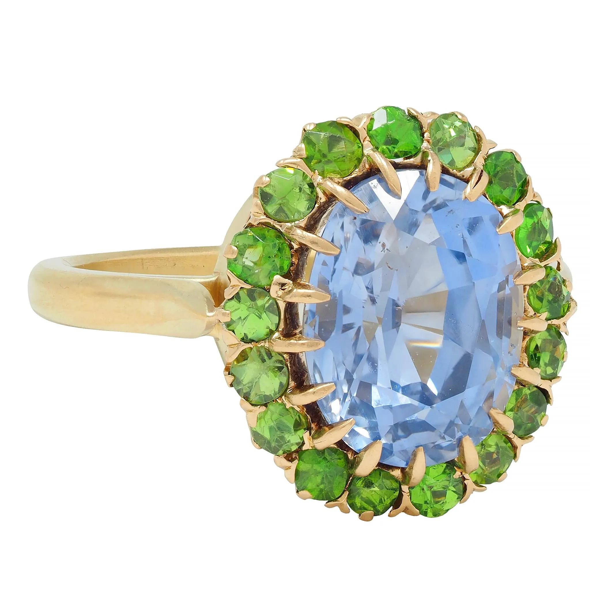 Vintage 5.63 CTW No Heat Ceylon Sapphire Demantoid Garnet 18 Karat Yellow Gold Halo Ring GIA