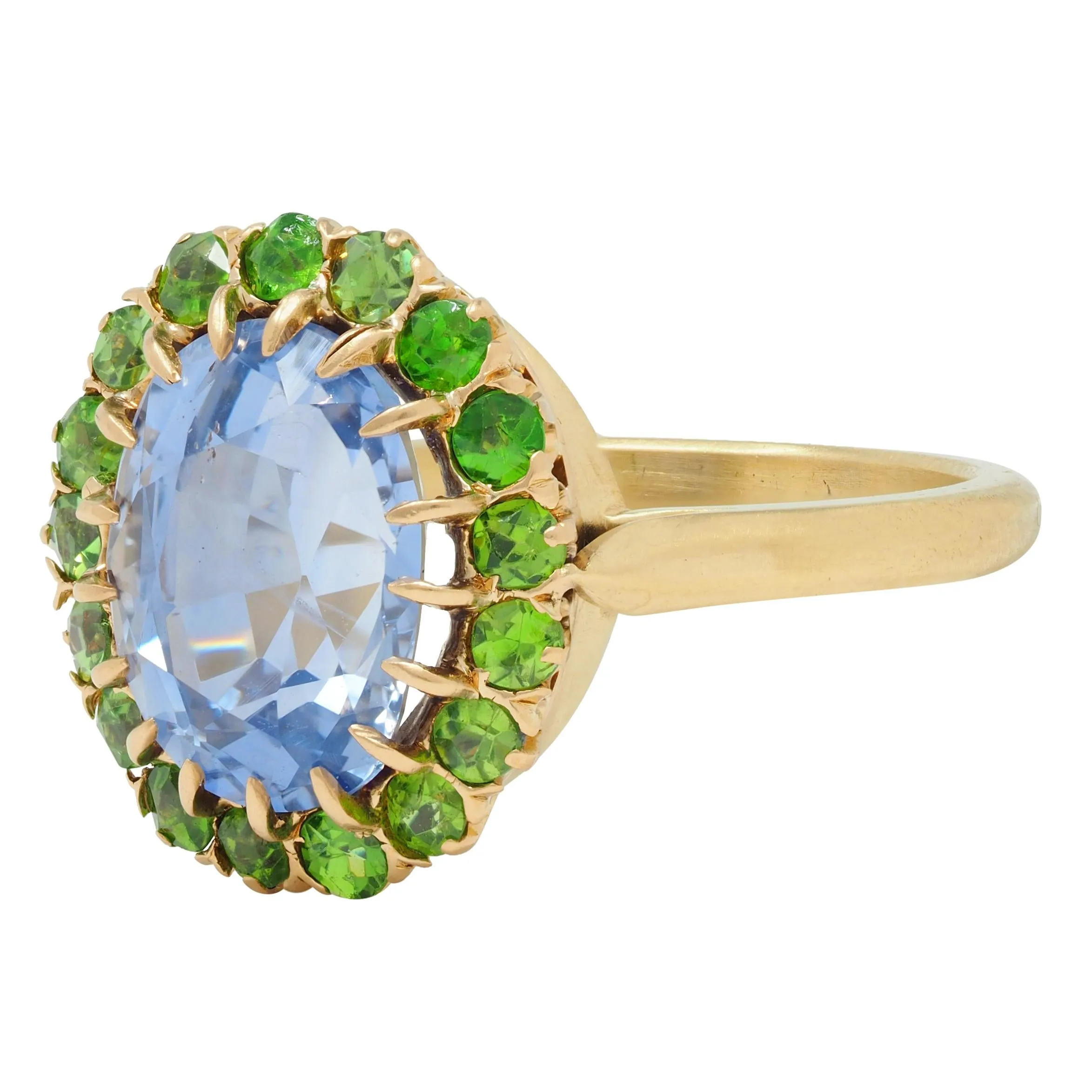 Vintage 5.63 CTW No Heat Ceylon Sapphire Demantoid Garnet 18 Karat Yellow Gold Halo Ring GIA