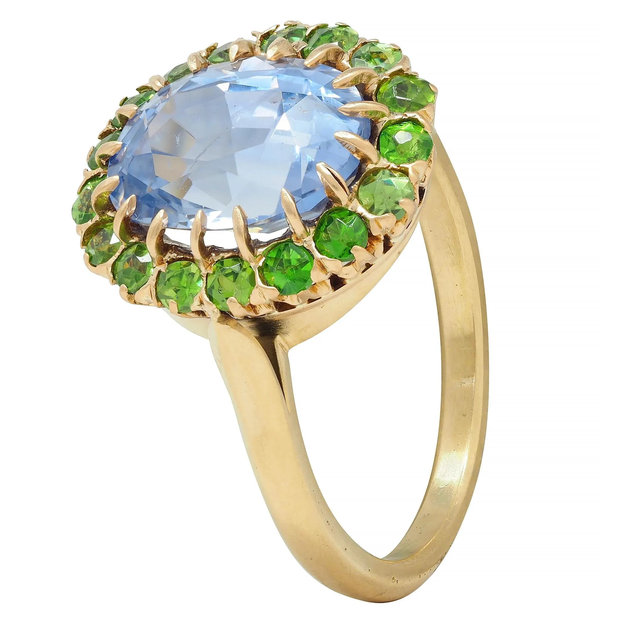 Vintage 5.63 CTW No Heat Ceylon Sapphire Demantoid Garnet 18 Karat Yellow Gold Halo Ring GIA