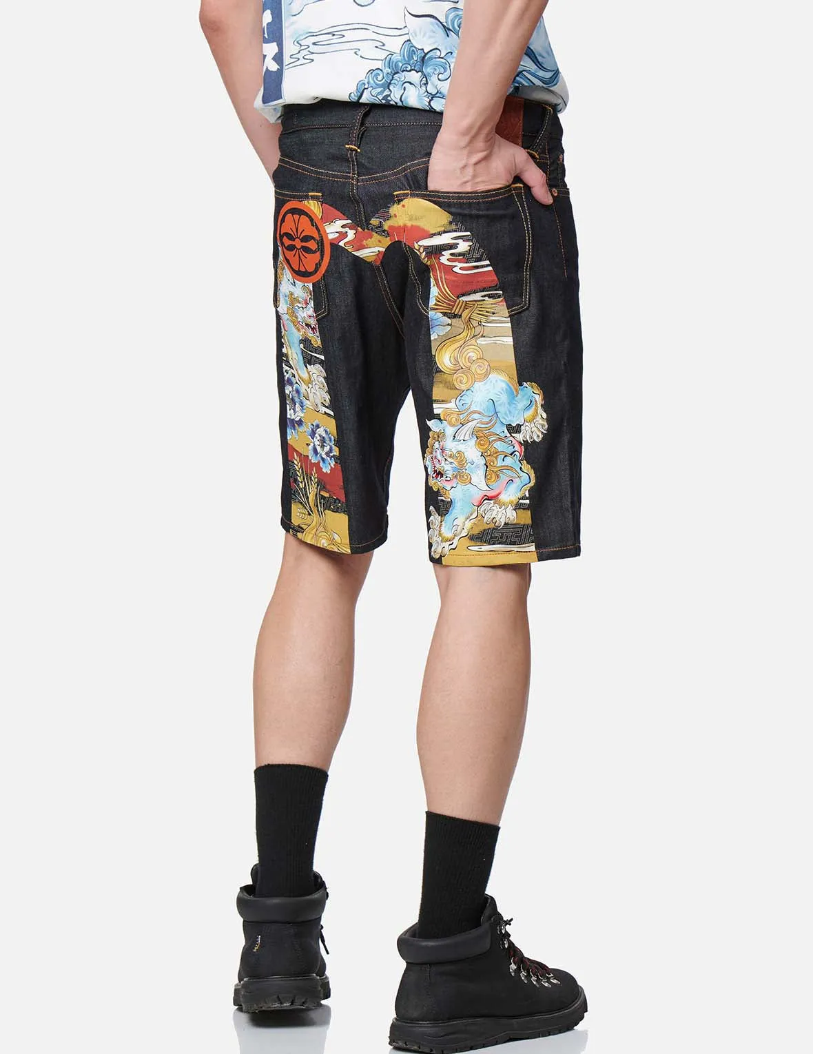 Vintage Komainu Painting Daicock Print Denim Shorts