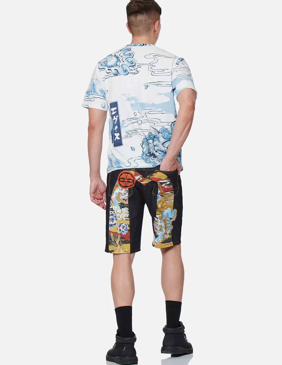 Vintage Komainu Painting Daicock Print Denim Shorts