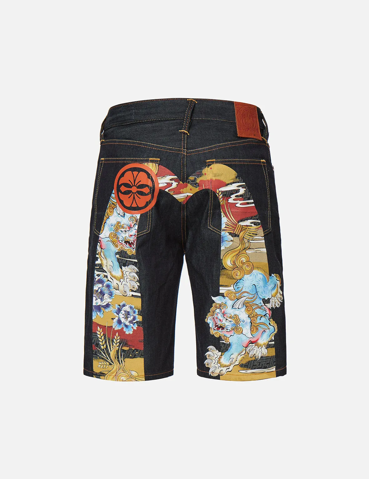 Vintage Komainu Painting Daicock Print Denim Shorts